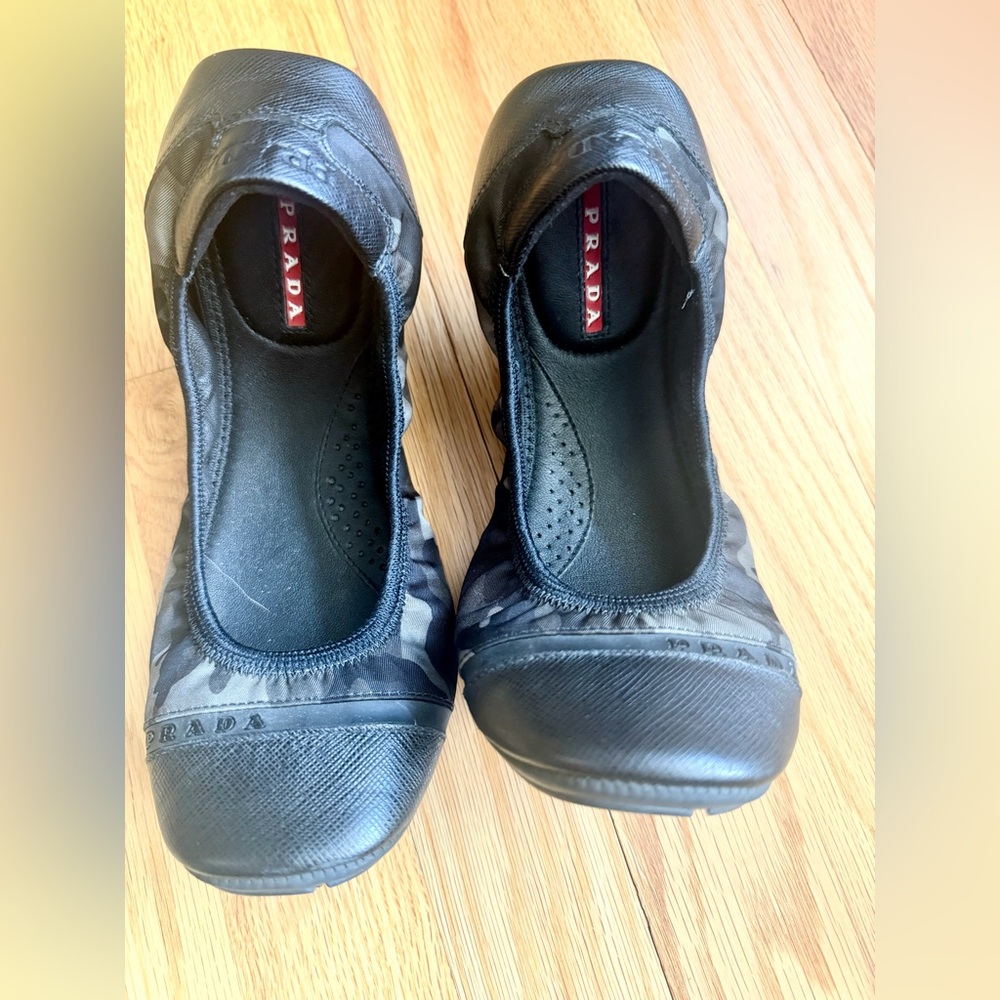 Prada Sport Black Camouflage Nylon and Leather Ballet Flats Size 36.